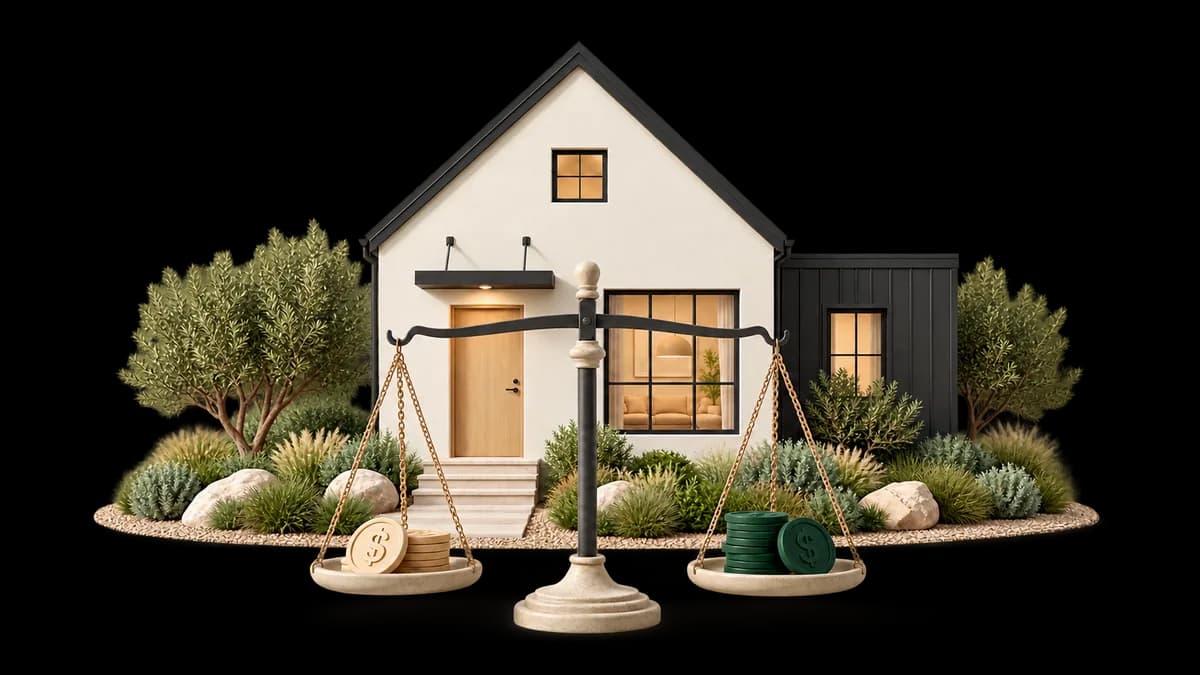 Illustration of a small house behind a level balance scale holding a stack of dollar coins in each pan.