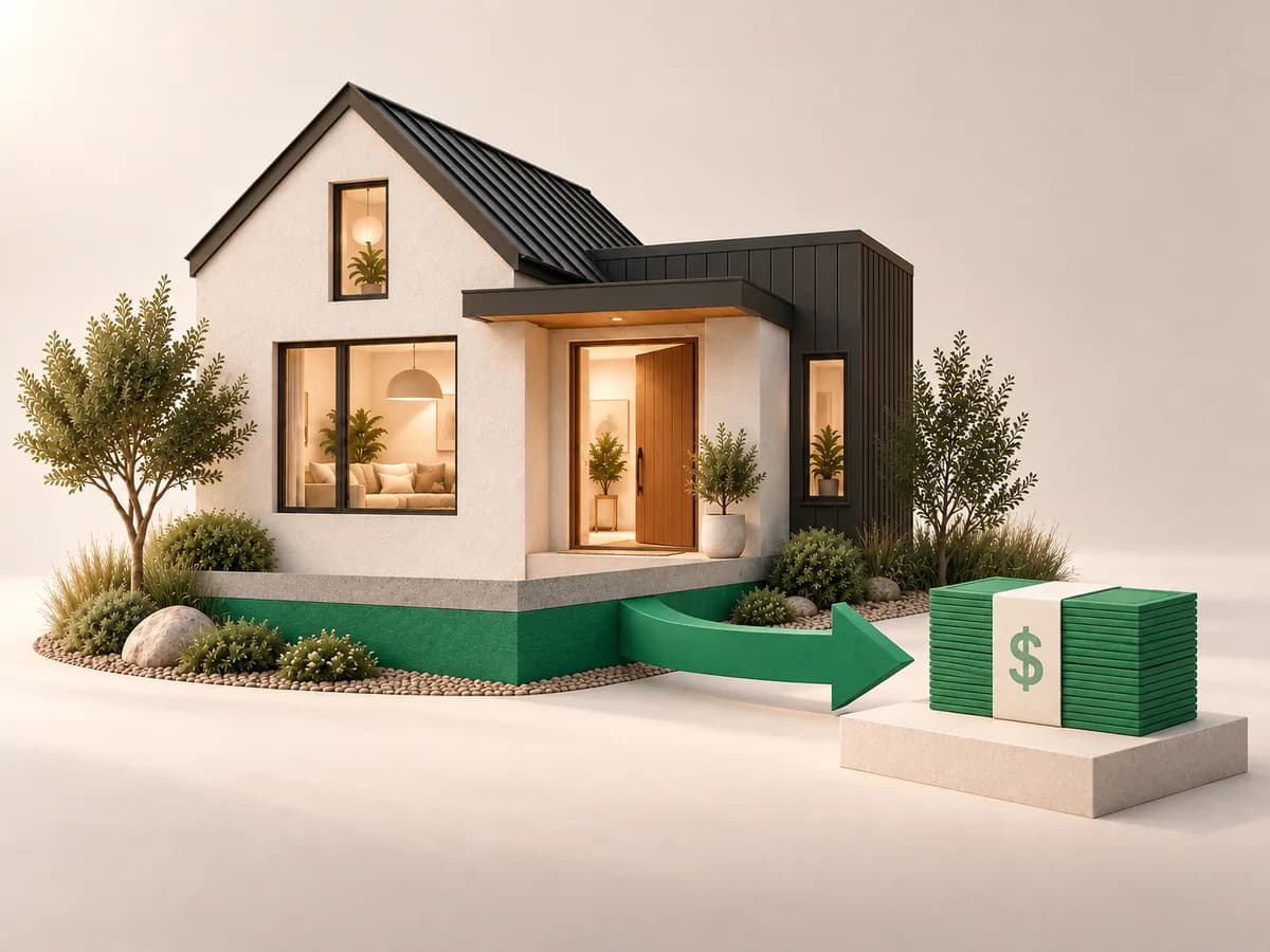 Illustration of a small house whose green foundation flows into an arrow pointing at a stack of green bills